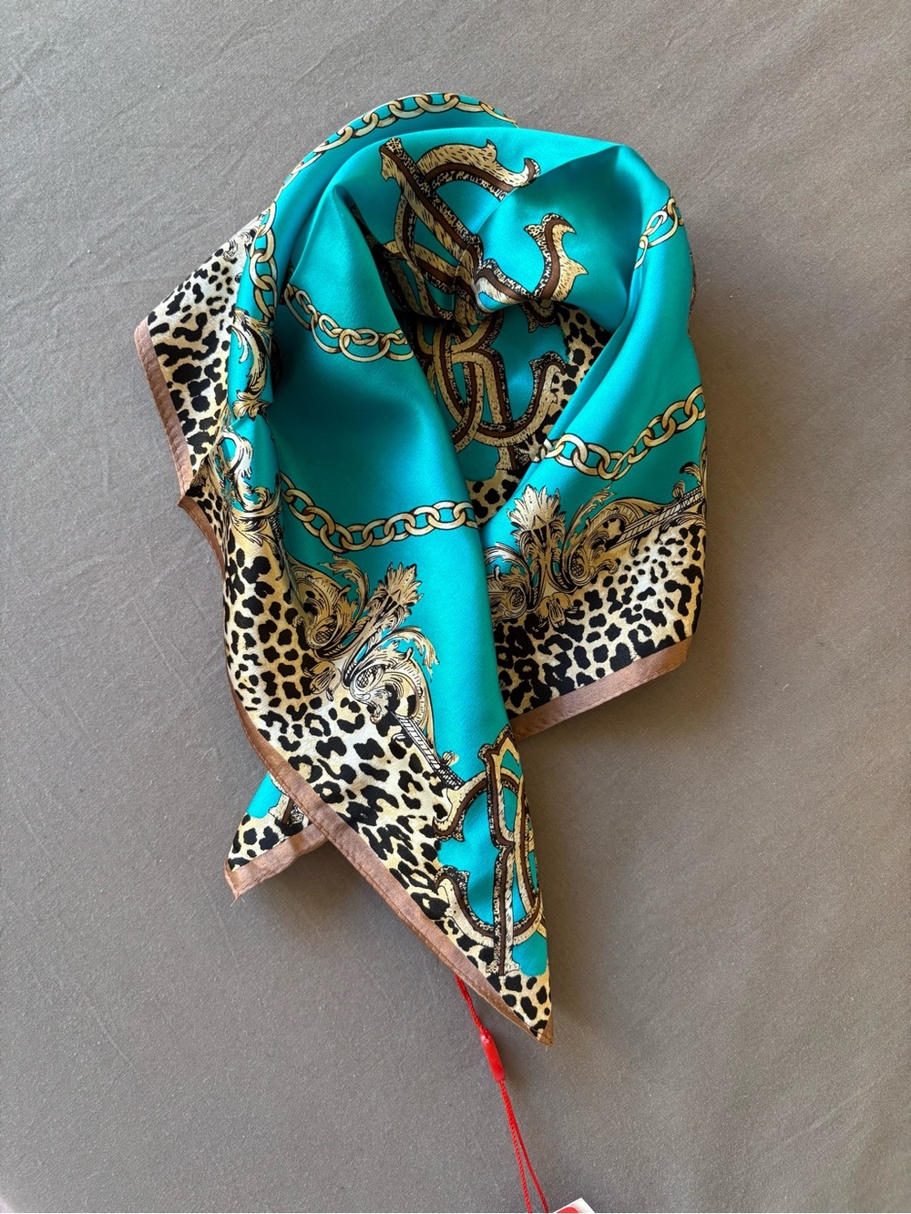 Turquoise Leopard Chain Print Silk Scarf - Designer Style